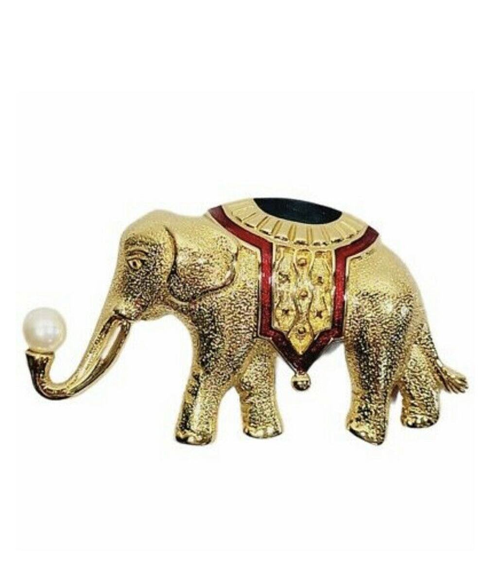 Monet 1980s Gold tone Plate, Enamel and Faux Pearl Vintage Elephant Brooch